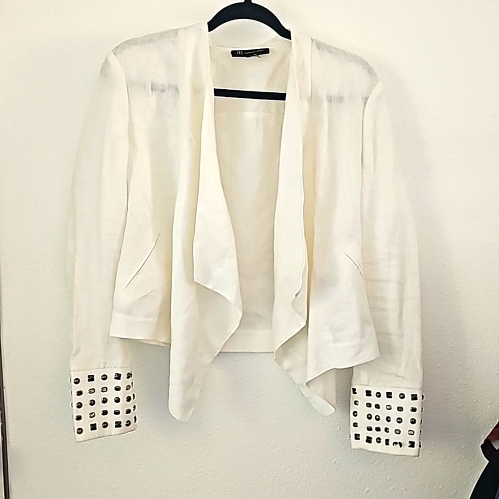 INC white linen jacket,  cute stud sleeves
